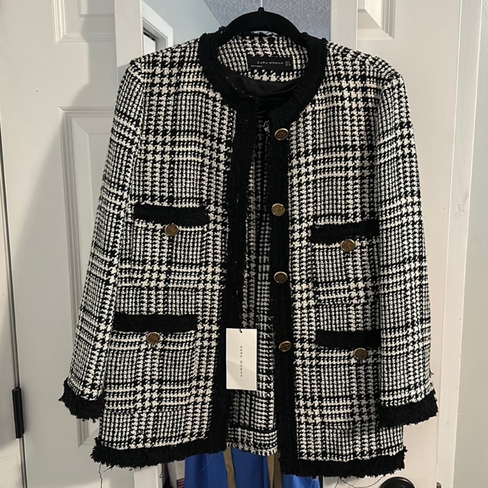 Zara Black and White Tweed Blazer with Black Trim